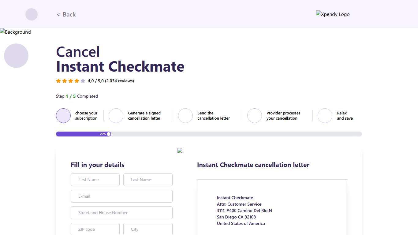 Cancel Instant Checkmate within 2 minutes Xpendy